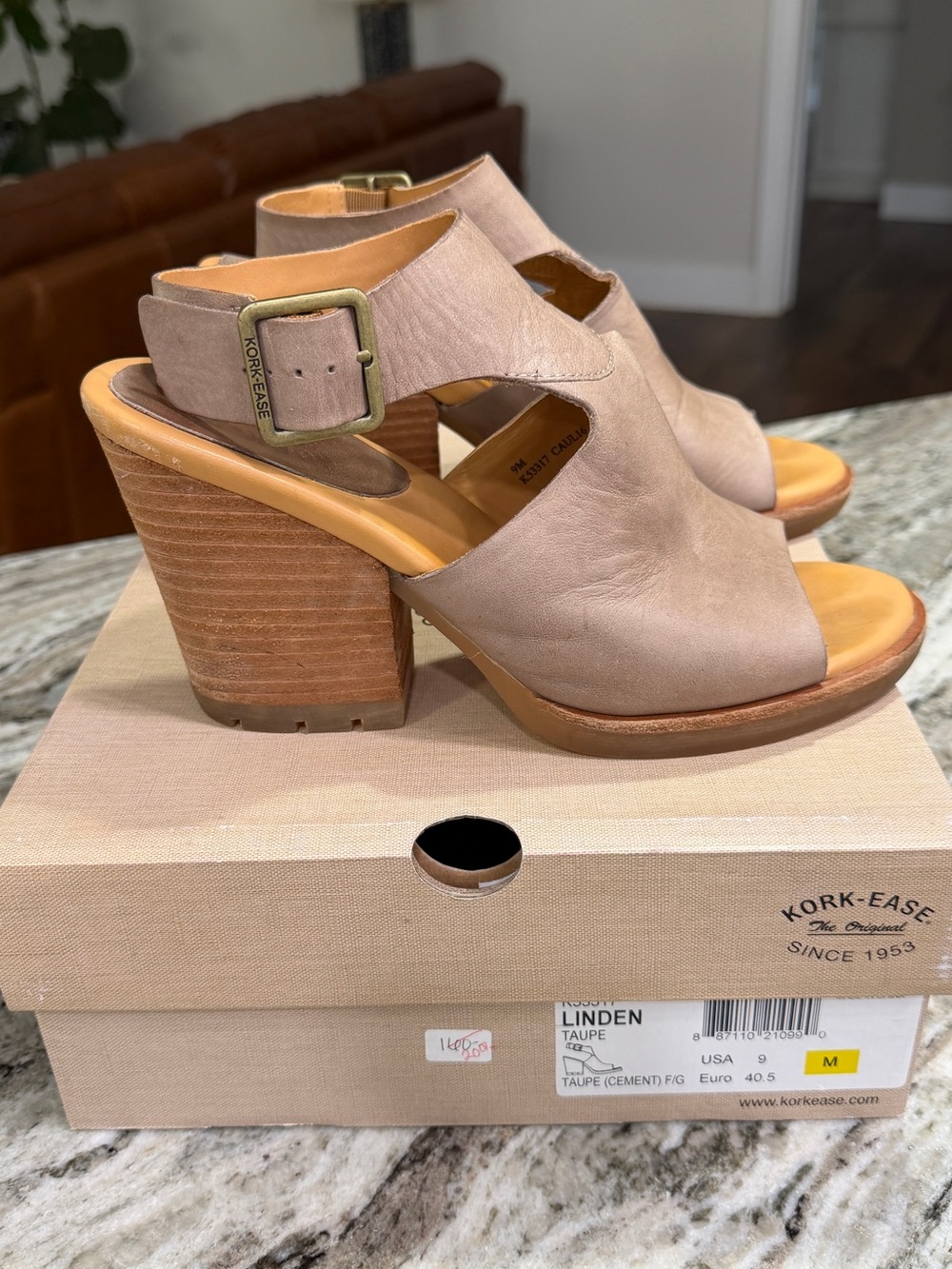 Kork-Ease Linden Open-Toe Block Heel Sandal in Taupe Suede Size 9
